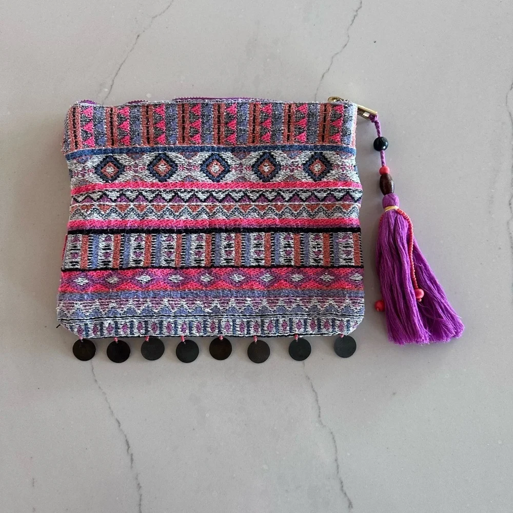 Merona x Target Clutch Purse Zip Closure Tribal  Boho Beaded Fringe Tassel EUC - Picture 3 of 11